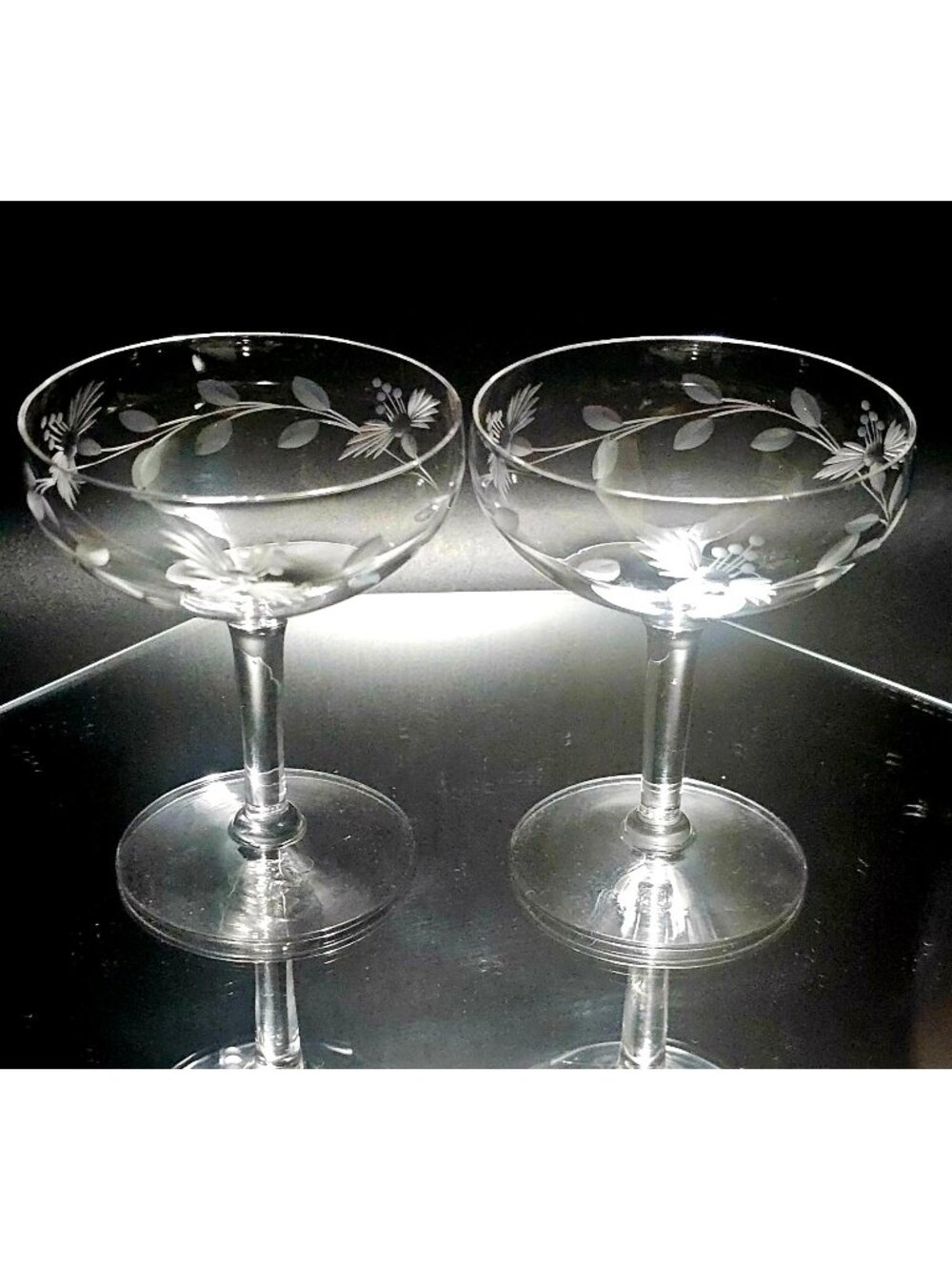 2 Vintage Flower Champagne Coupes Glasses 4" crystal romantic cut glass floral